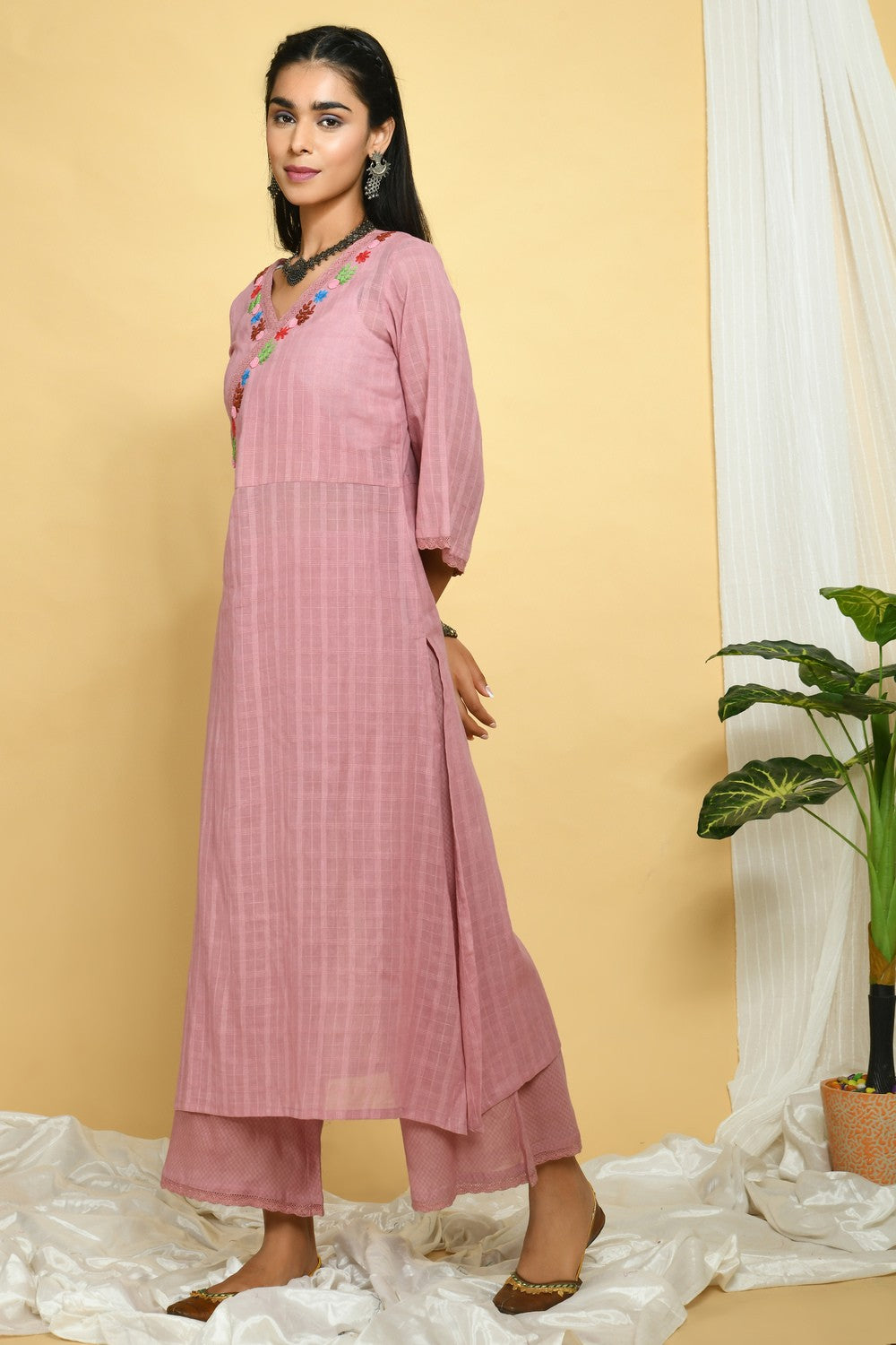 Pink Embroidered Angrakha Style Kurta Set With Tie-Dye Dupatta