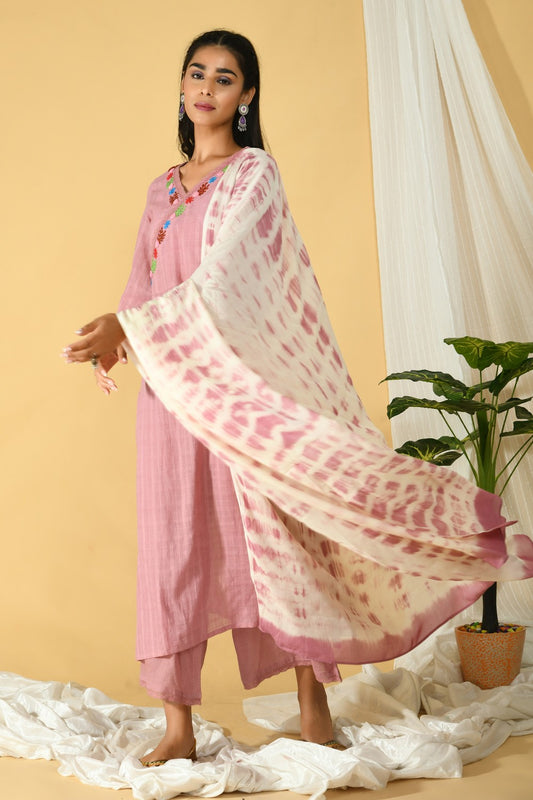 Pink Embroidered Angrakha Style Kurta Set With Tie-Dye Dupatta