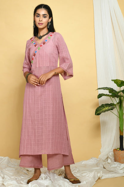 Pink Embroidered Angrakha Style Kurta Set With Tie-Dye Dupatta