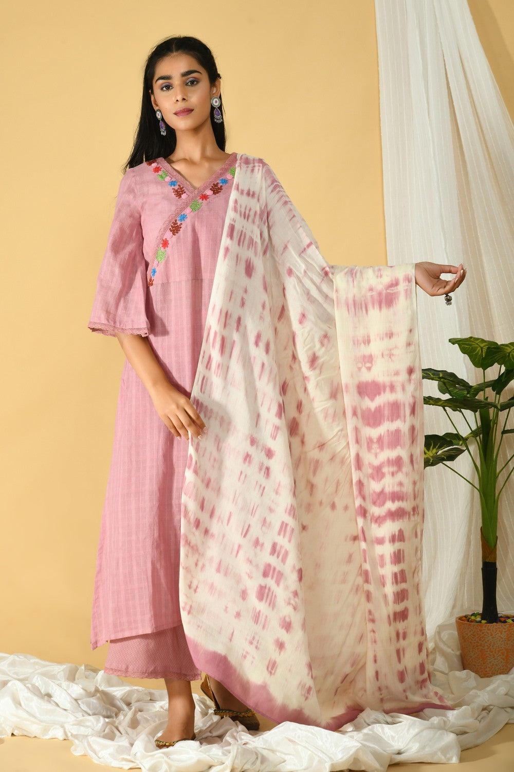 Pink Embroidered Angrakha Style Kurta Set With Tie-Dye Dupatta