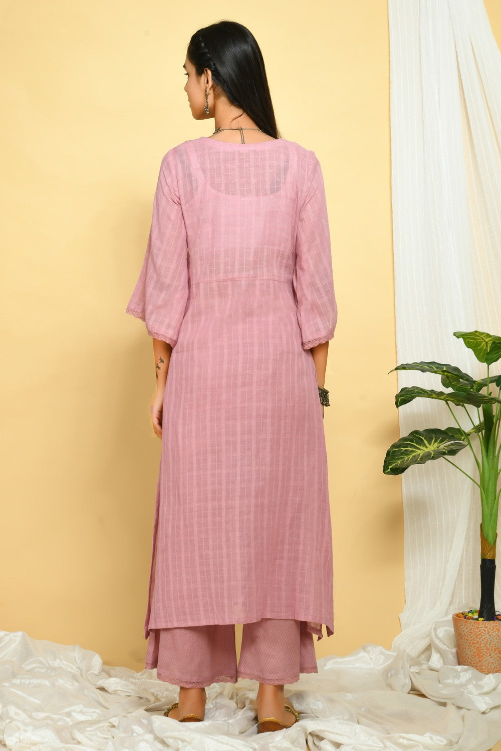 Pink Embroidered Angrakha Style Kurta Set With Tie-Dye Dupatta