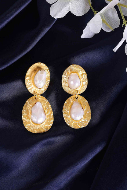 White Fresh Water Pearls Twin Foil Drop Earrings