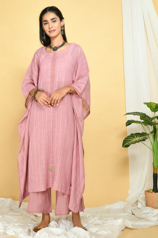 Rose Pink Embroidered Cotton Dobby Kaftan &amp; Palazzo Set