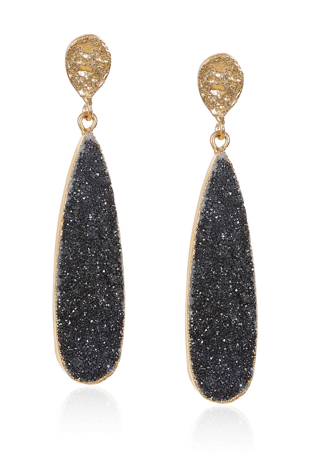 Black Druzy Oval Long Earrings