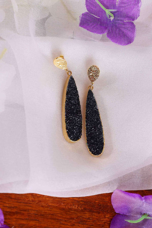 Black Druzy Oval Long Earrings