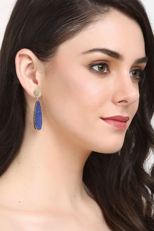 Blue Druzy Oval Long Earrings