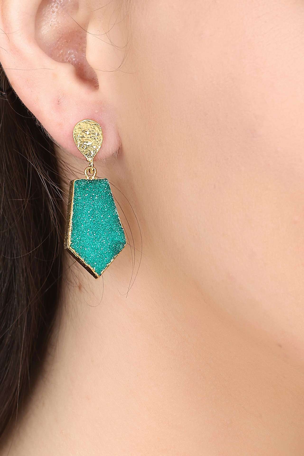 Green Druzy Hexagon Drop Earrings