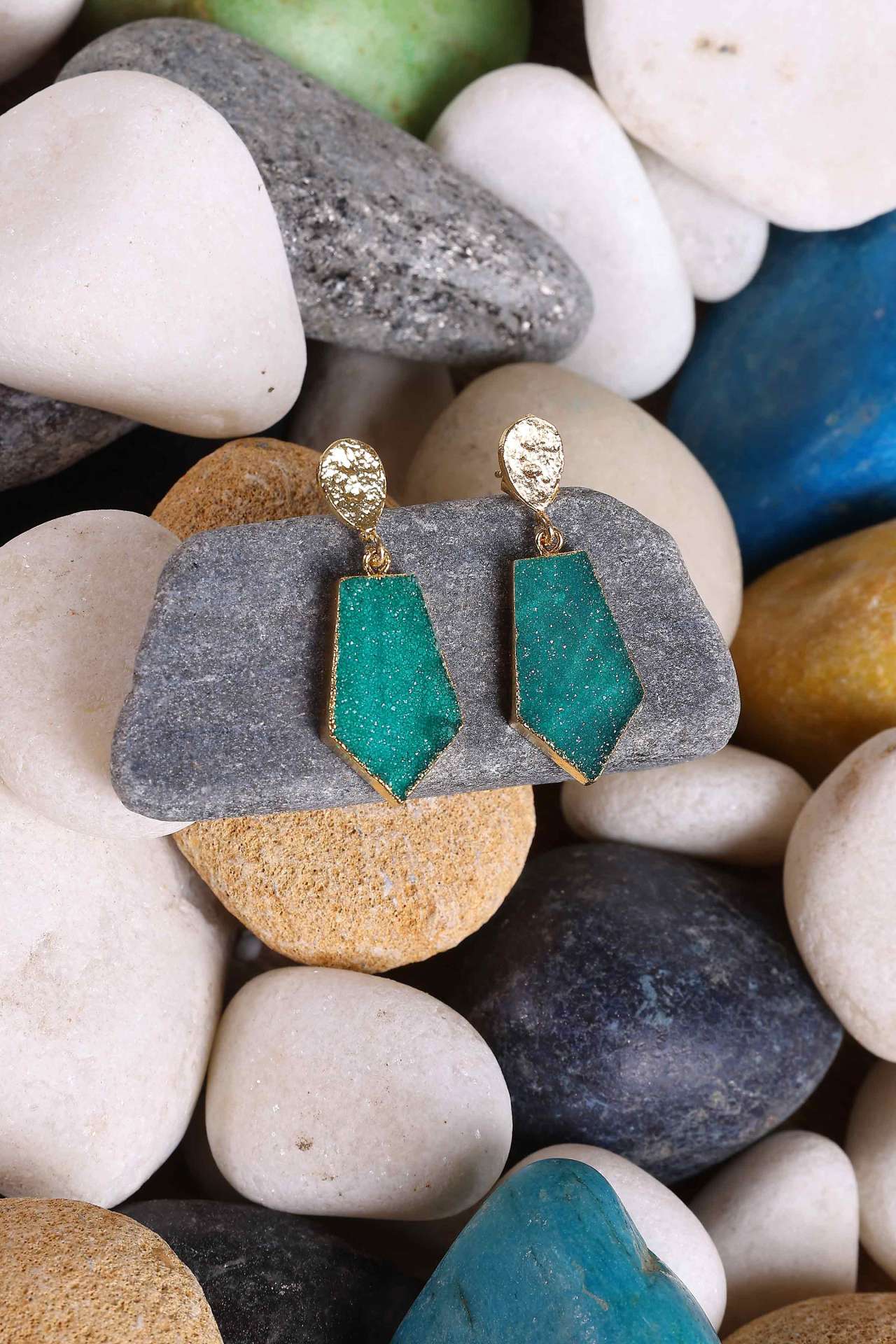 Green Druzy Hexagon Drop Earrings