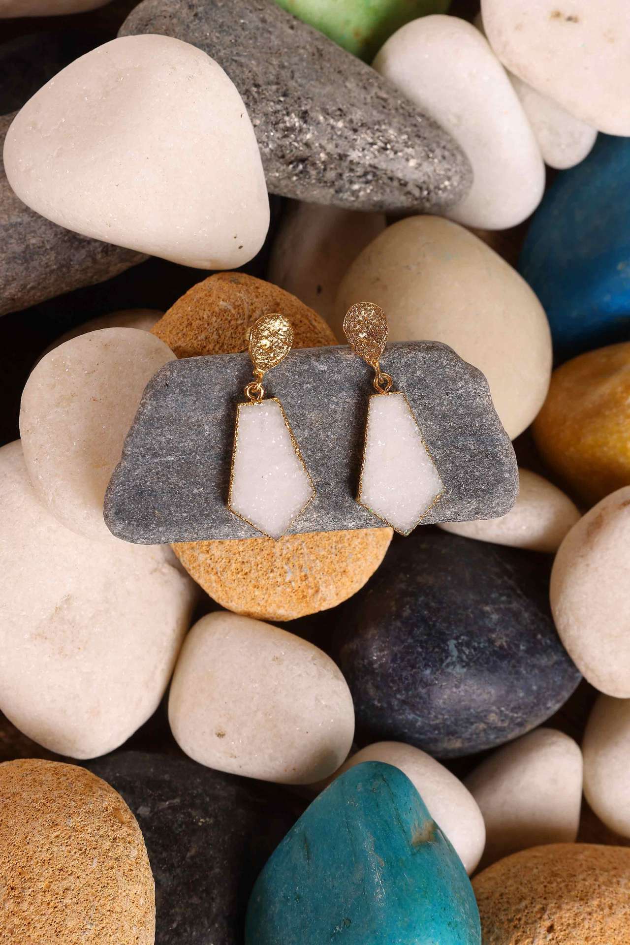 White Druzy Hexagon Drop Earrings