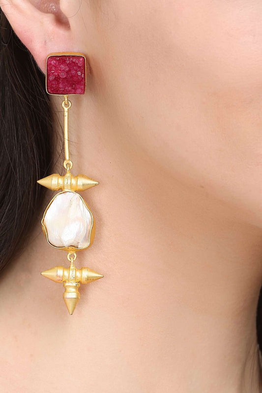 Maroon Druzy Pearl Rage Long Earring