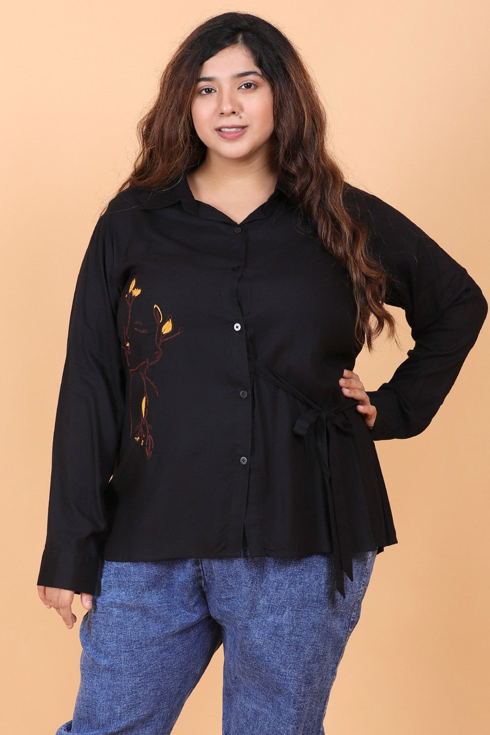 Embroidered Shirt for Women with Tie-Up Detail