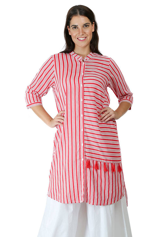 Red-White High Low Shirt Kurti