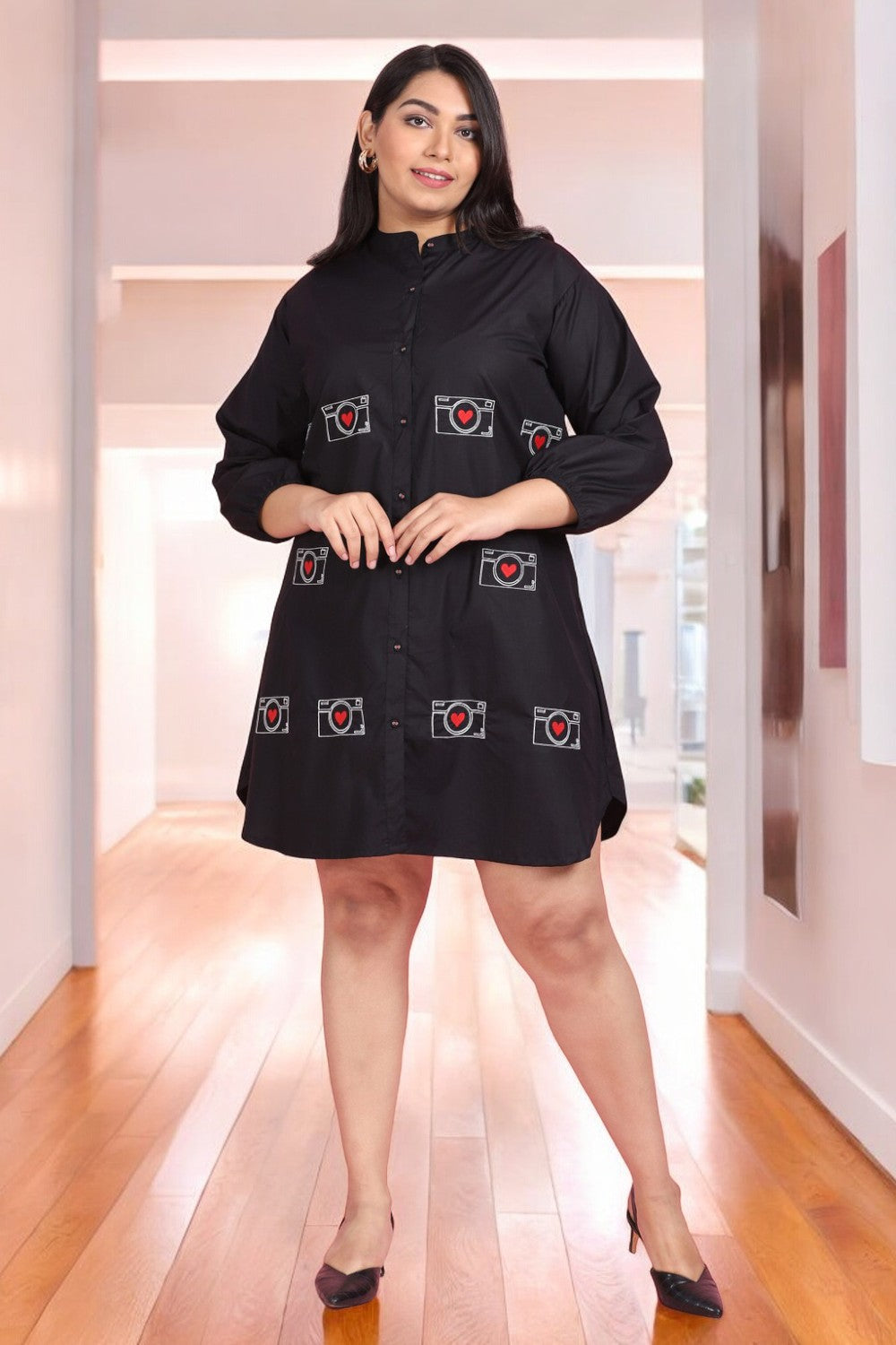 Camera Embroidered Shirt Dress