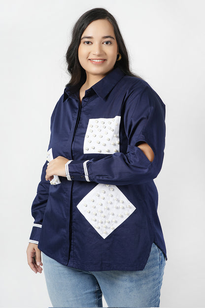 Marine Blue Pearly Patch Designer Shirt