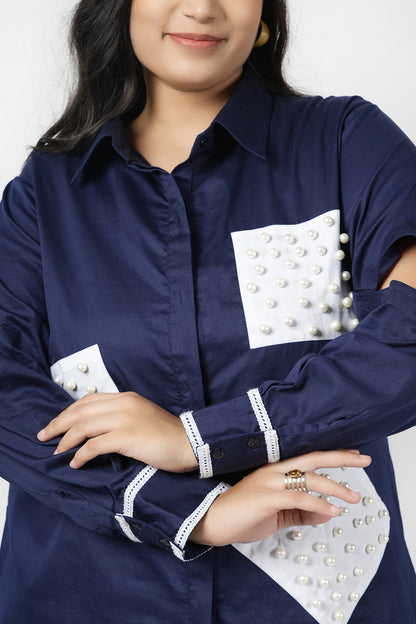 Marine Blue Pearly Patch Designer Shirt