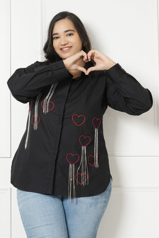 LastInch Women Smokey Red Heart Embroidered Tassel Shirt