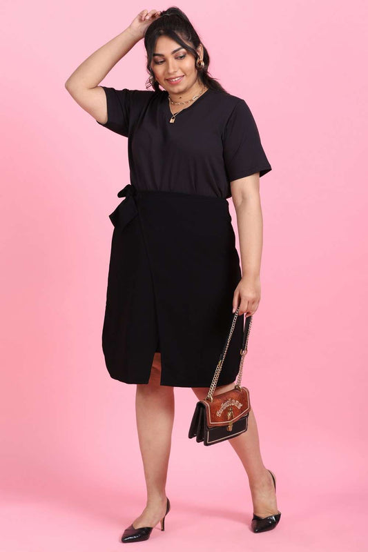 Plus Size Black Midi Wrap Skirt