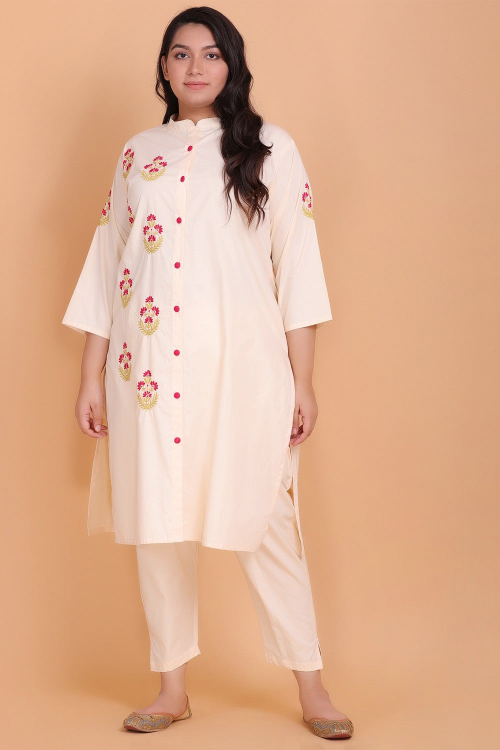 Cream Embroidered Straight Kurta Palazzo Set