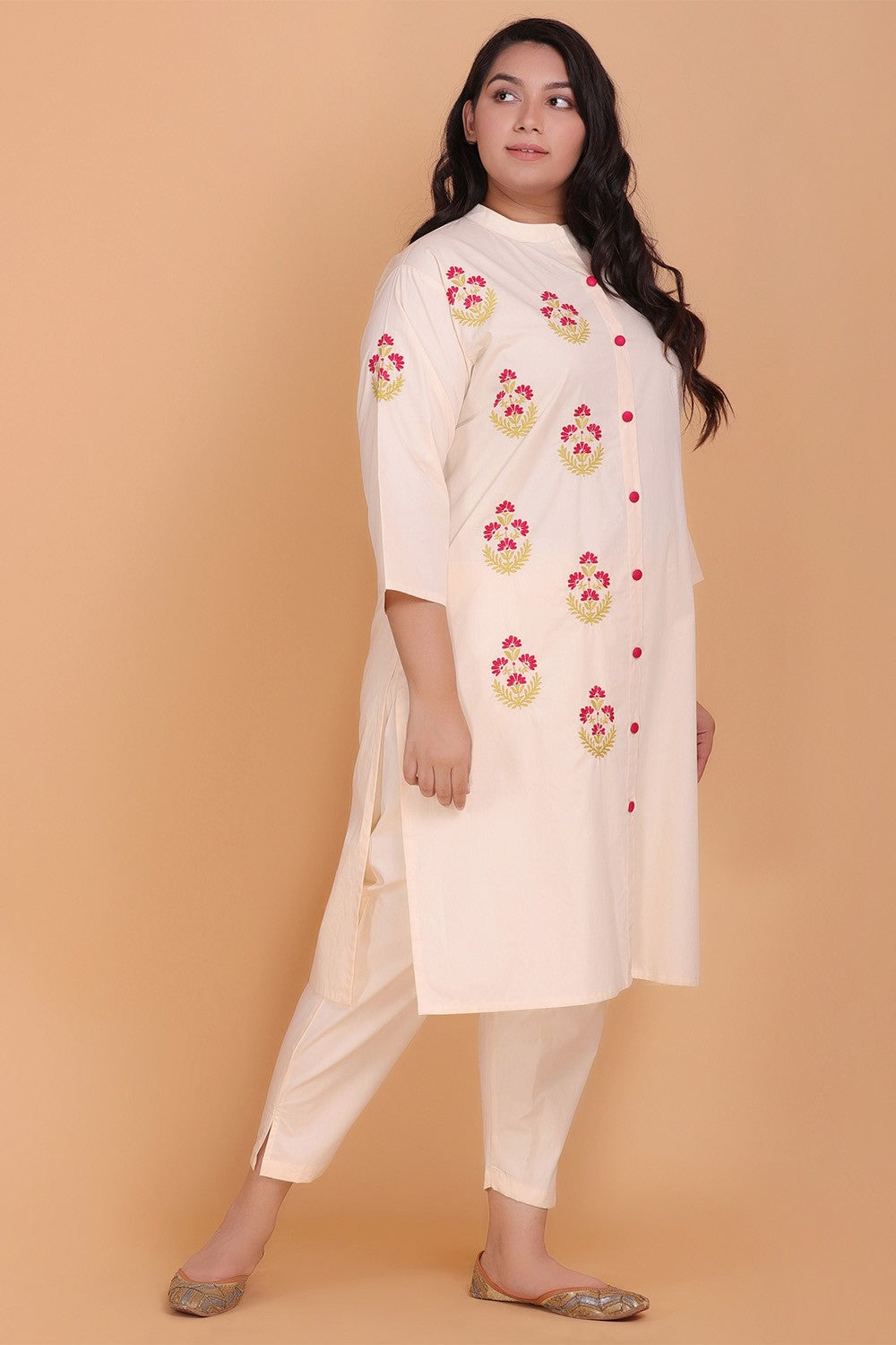 Cream Embroidered Straight Kurta Palazzo Set