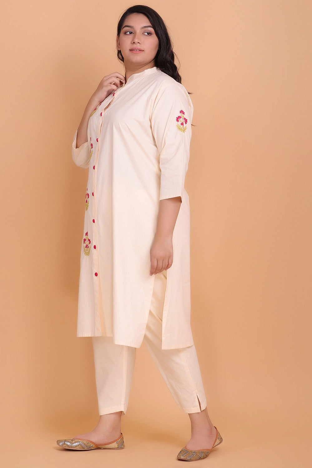 Cream Embroidered Straight Kurta Palazzo Set