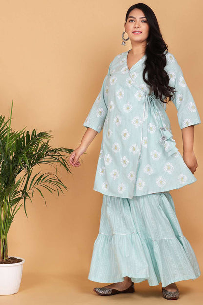 Sea Green Printed Kurti With Sharara Set