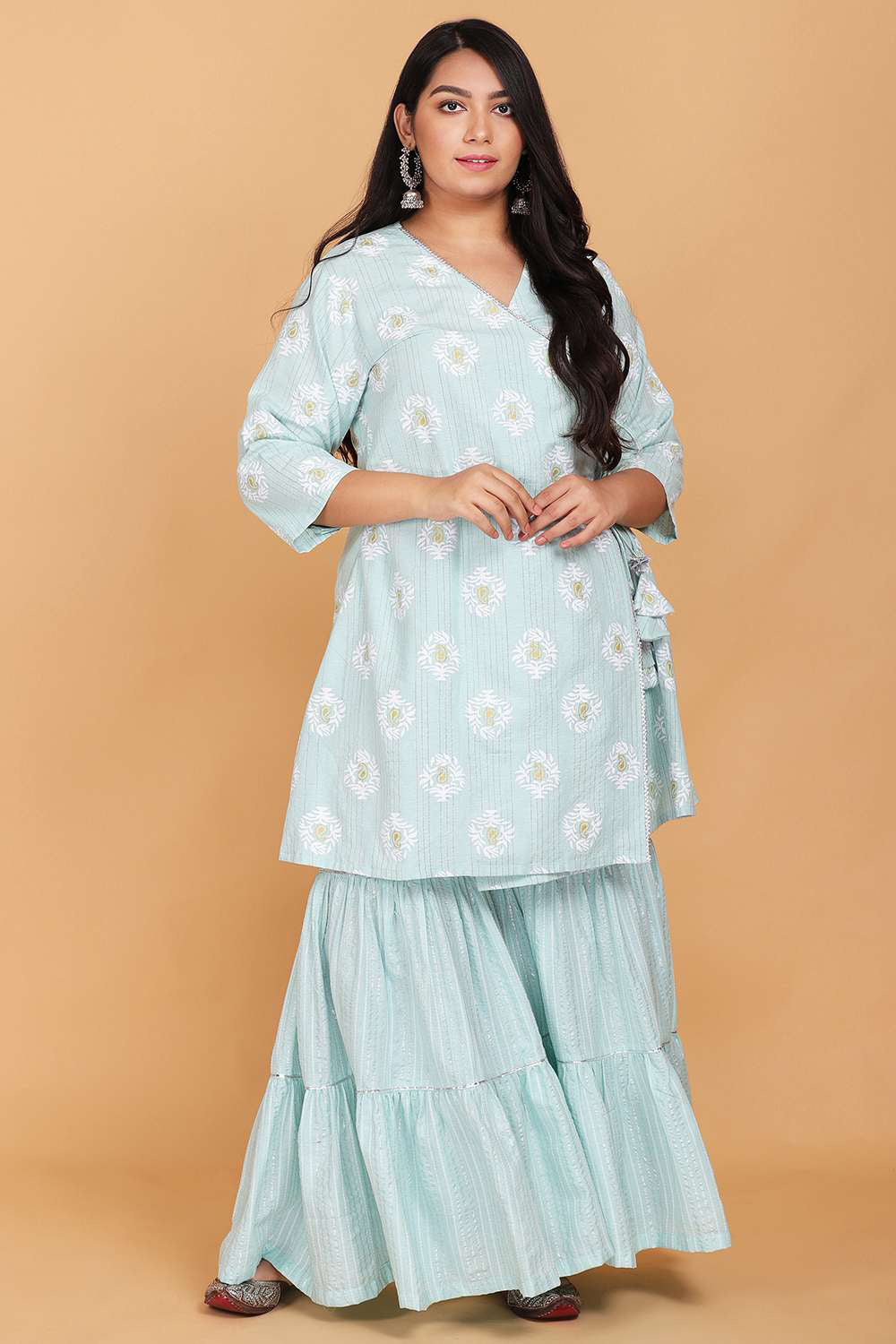 Sea Green Printed Kurti With Sharara Set