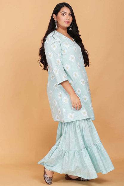 Sea Green Printed Kurti With Sharara Set