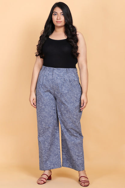 Blue Printed Denim Trouser