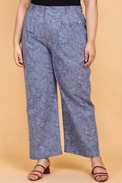 Blue Printed Denim Trouser