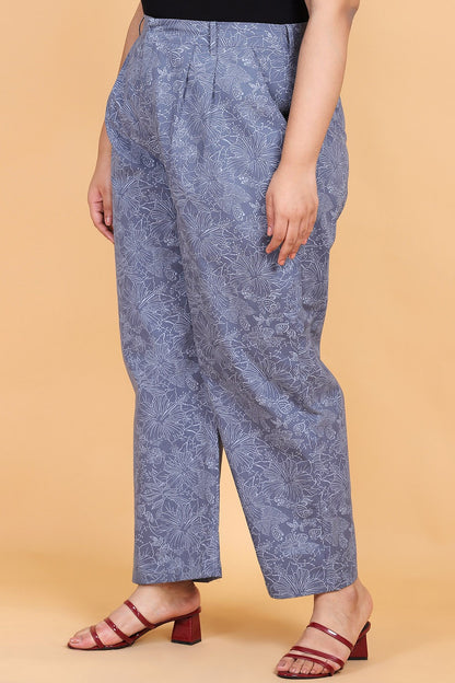 Blue Printed Denim Trouser