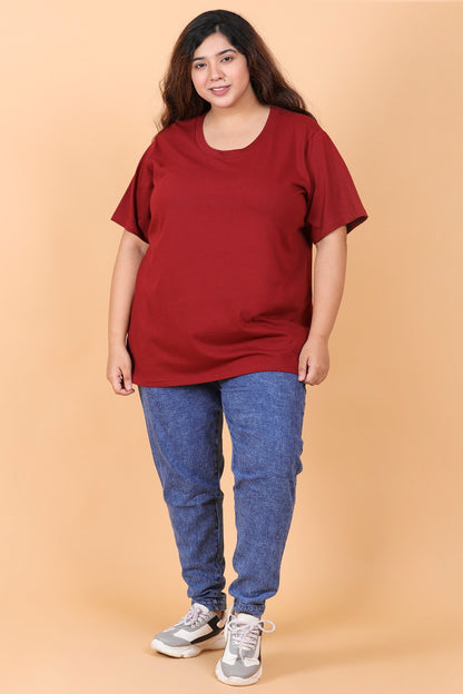 Wine Solid Round Neck T-Shirt