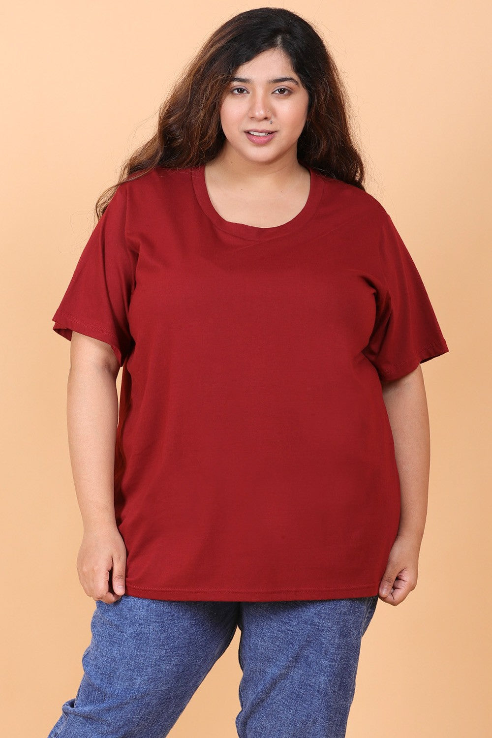 Wine Solid Round Neck T-Shirt