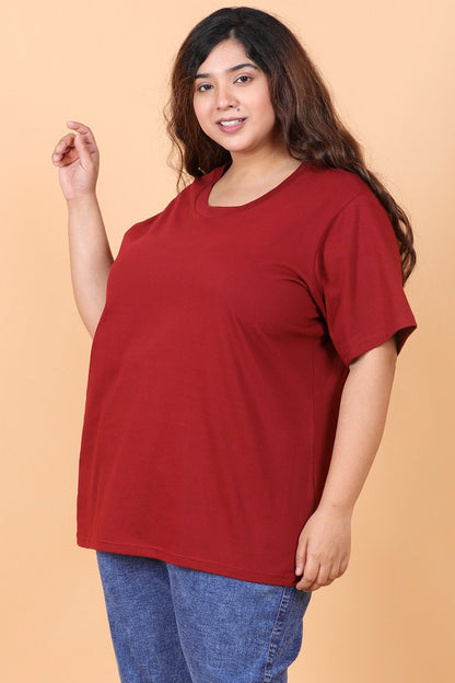 Wine Solid Round Neck T-Shirt