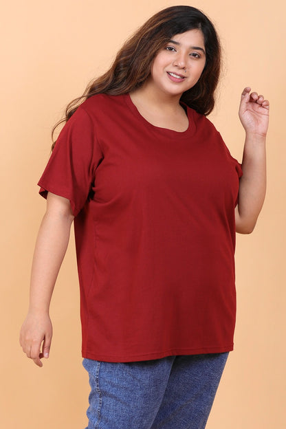 Wine Solid Round Neck T-Shirt