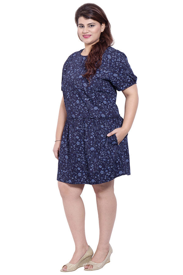 Navy Blue Floral Print Dress