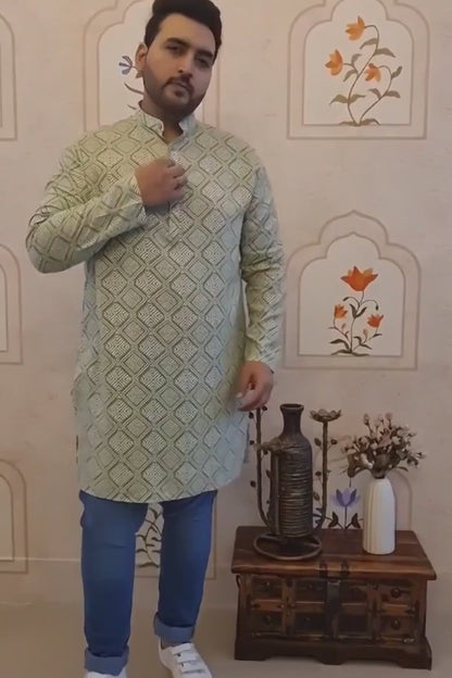 Fern Green Printed Long Kurta For Men