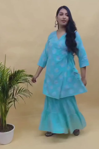 Sea Green Printed Kurti With Sharara Set