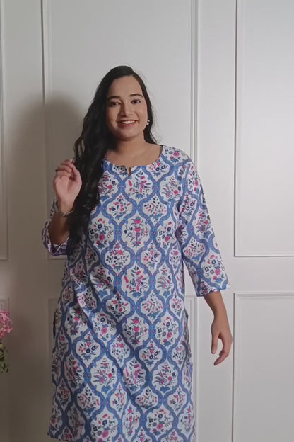 Mist Blue Floral Cotton Kurti