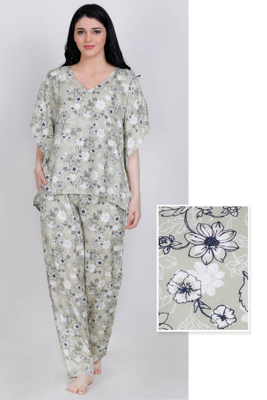 Plus Size Pista Green Floral Kaftan Top &amp; Pyjama Set