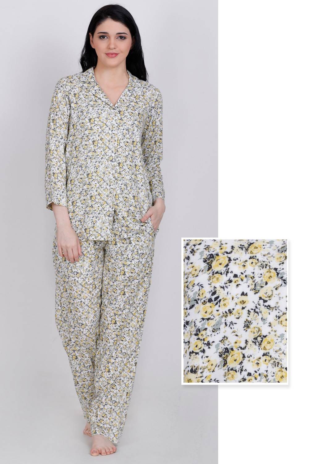 Plus Size Yellow Floral Printed Night Suit Set