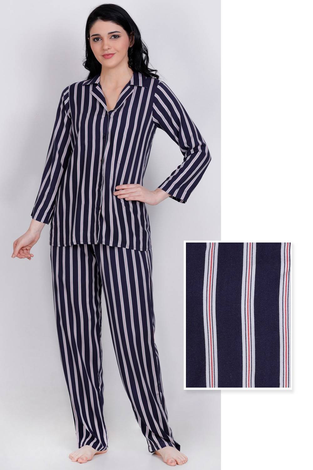 Plus Size Navy Blue Stripes Top &amp; Pyjama Set