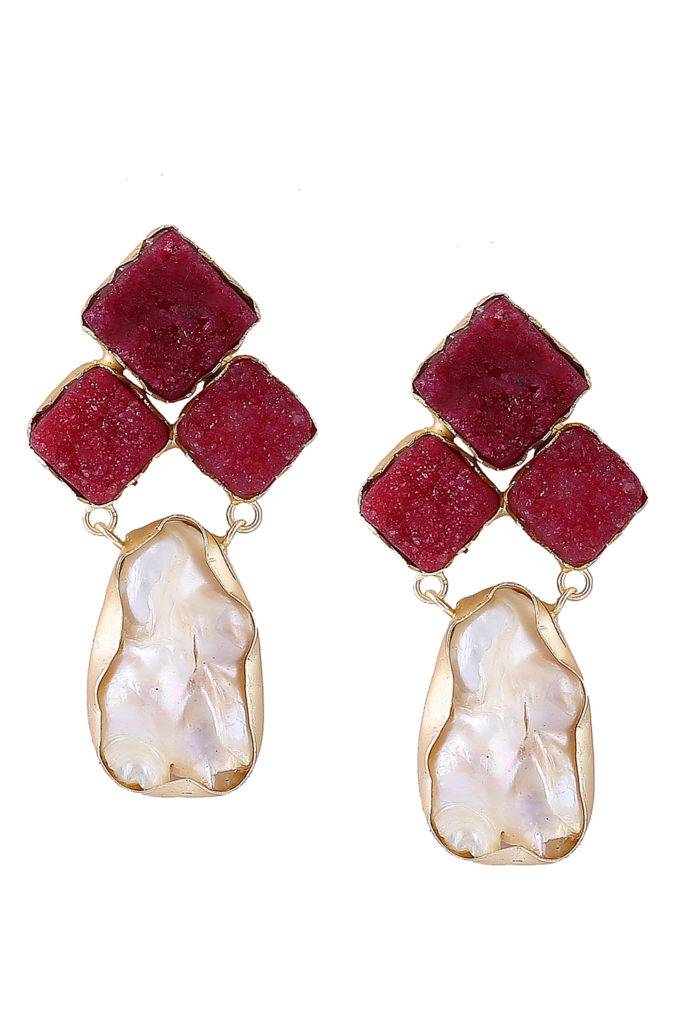 Maroon Stone Pearl Earrings-1