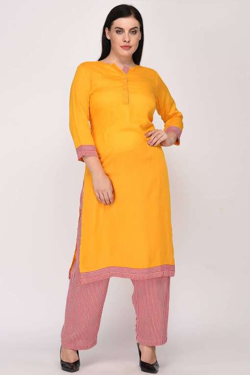 Yellow & Red Printed Rayon Stitched Straight Women's Kurta With Palazzo Set  - Vbuyz - 3086572