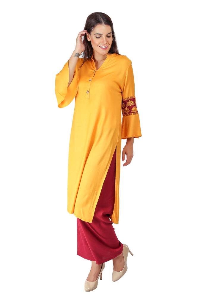 Yellow Kurti With Embroidered Patch