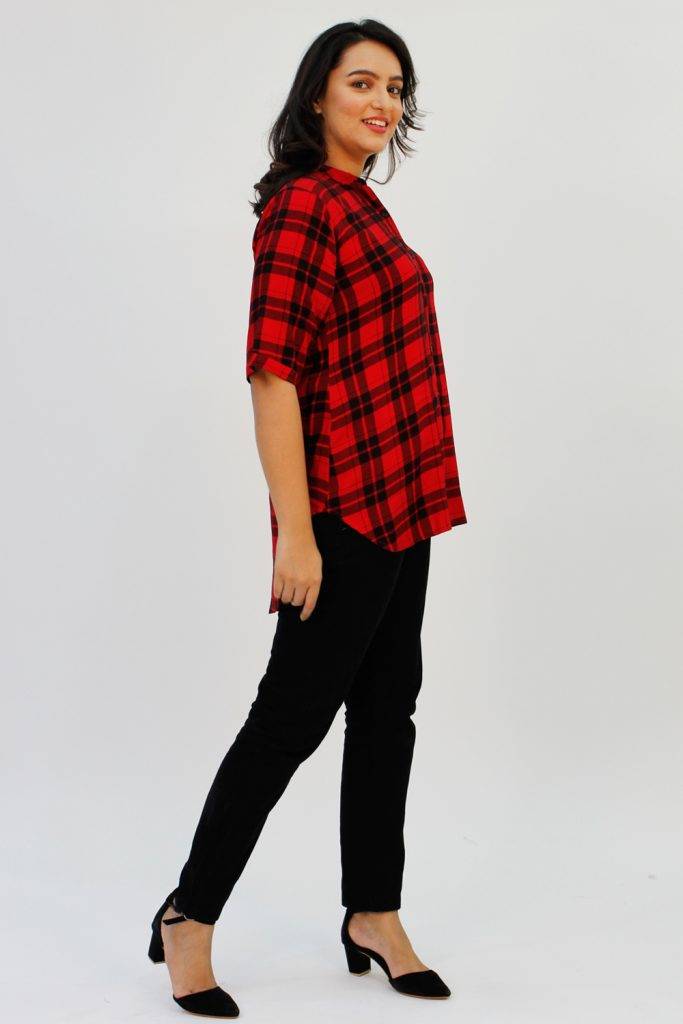 Red Tartan Checked Long Shirt for Women | Sizes XXS to 8XL