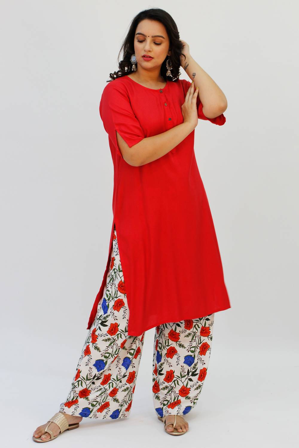 Buy Jaipur Kurti Women Red Ethnic Print Straight Cotton Flex Short Kurta  With Pyjamas Online