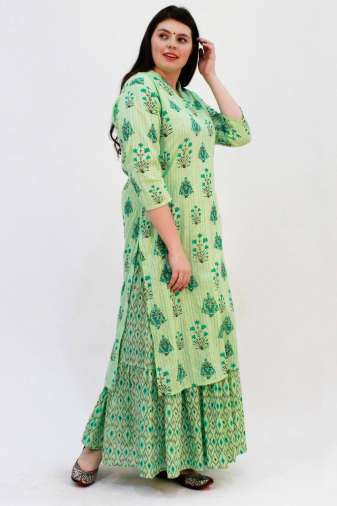 Green Printed Kurta With Skirt