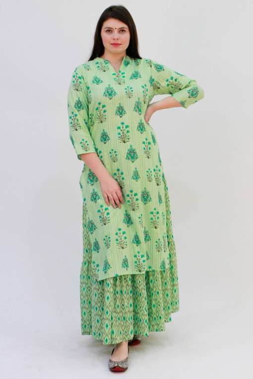 Green Printed Kurta With Skirt