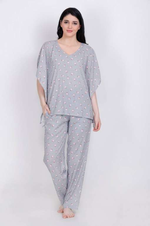 Plus Size Floral Print Grey Top & Pyjama Set