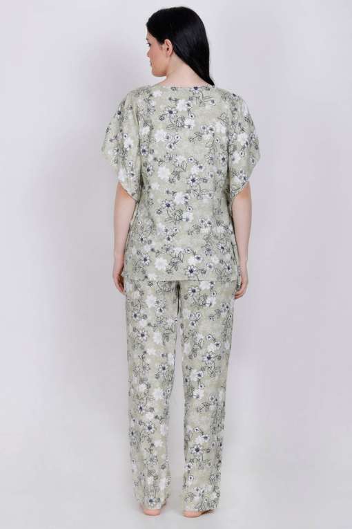 Plus Size Pista Green Floral Kaftan Top & Pyjama Set